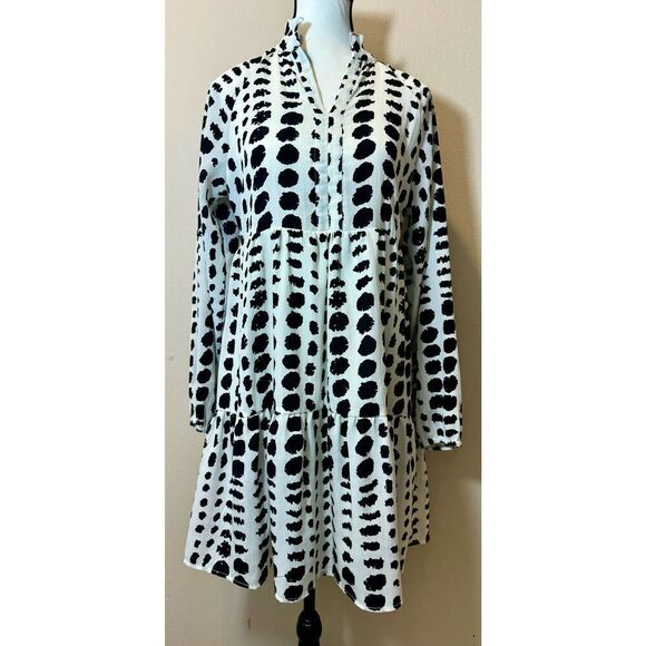 NWOT .Object Band Collar Black & White Bohemian Long Sleeve Abstract Dress XS - Picture 1 of 9